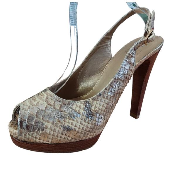 Stuart Weitzman Snakeskin Peep Toe Slingback Wood Platform 5" Pump Heels Sz 7.5 - Picture 1 of 10